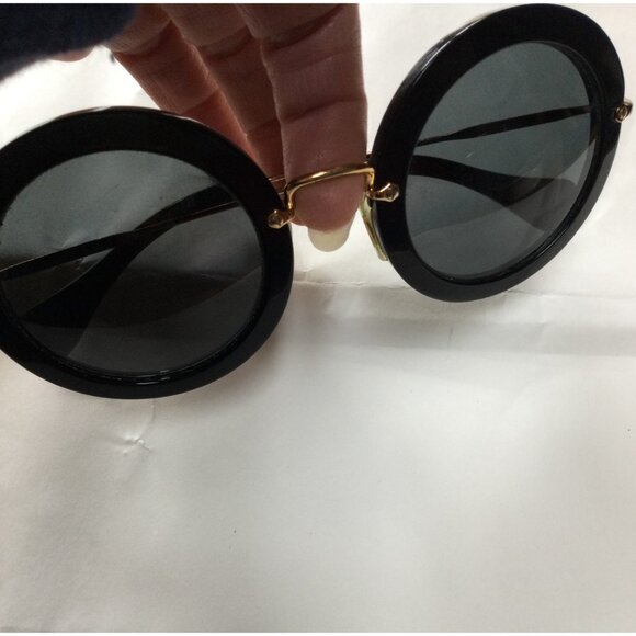 Miu Miu Round Black Sunglasses Made In Italy Gold Metal Arms CE UV Protection - Picture 12 of 15